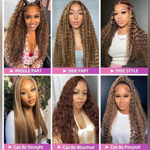 18" Highlight 100% Human Hair HD Lace Wig Deep Wave Curly Honey Blonde & Brown - Picture 3 of 15